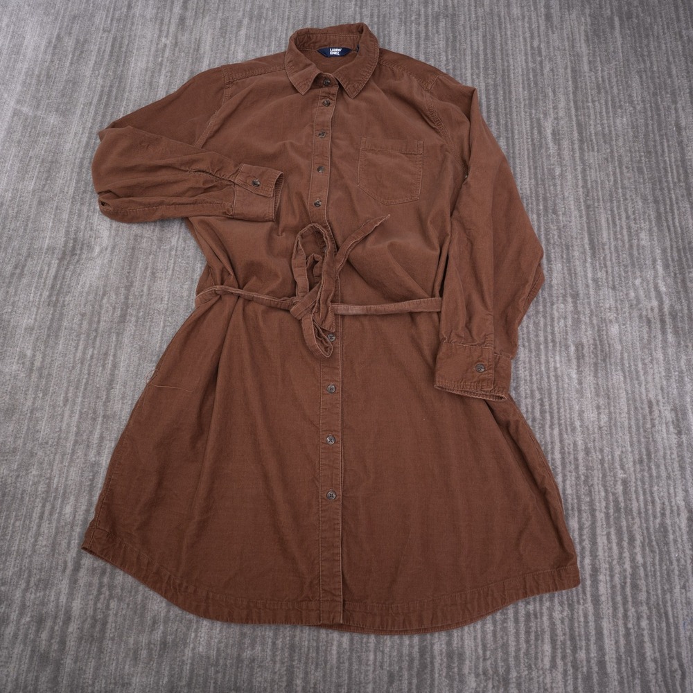 Lands End Corduroy Shirt Dress Womens Large Brown Excellent Long Sleeve Belted